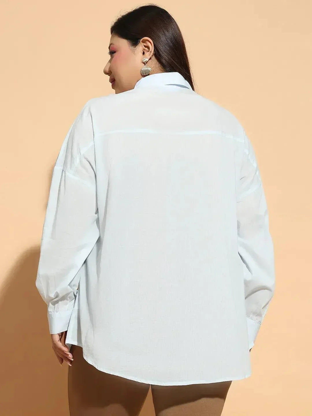 Plus size light blue embroidered collared long sleeve cotton shirt, photo 6