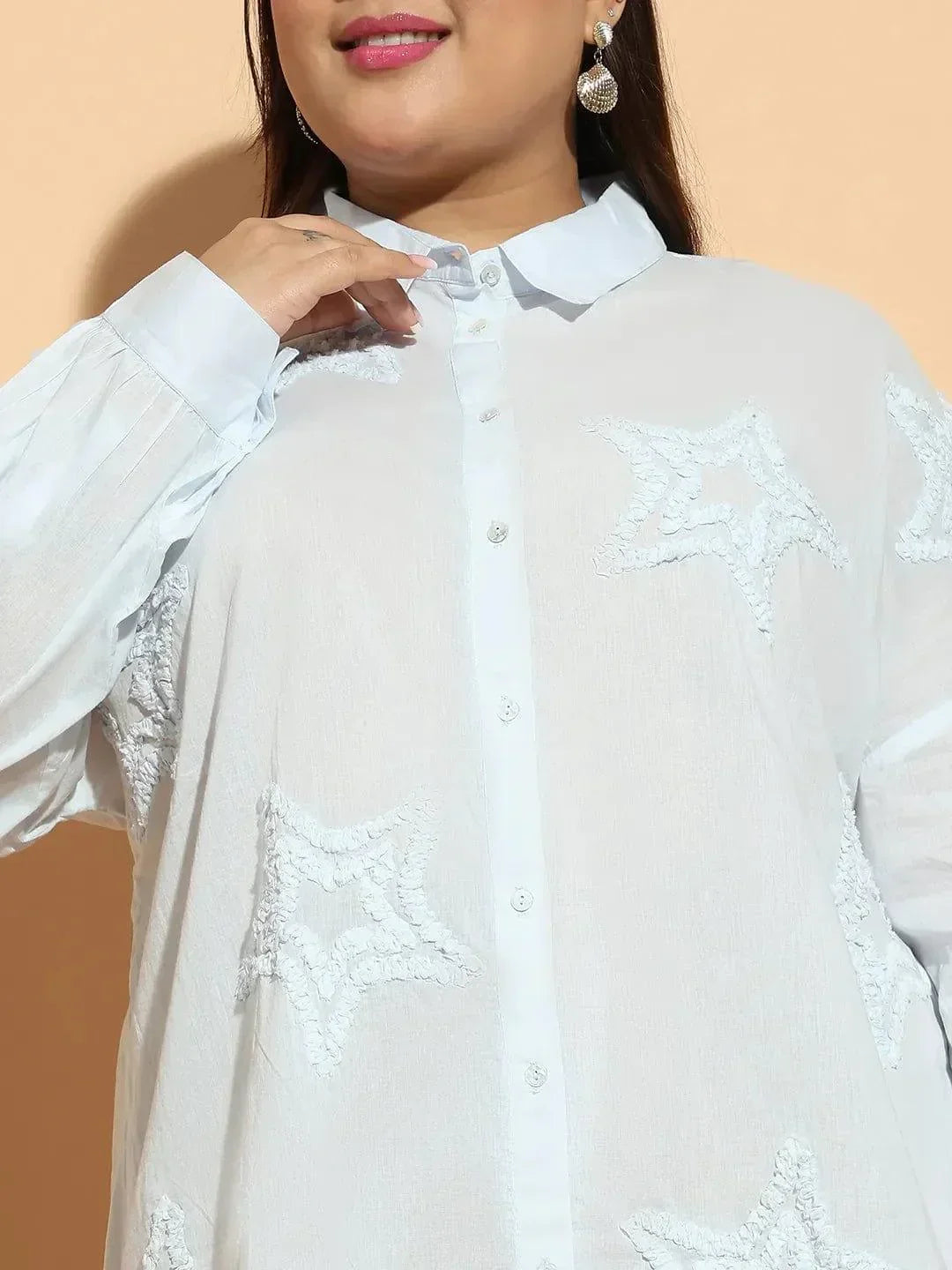 Plus size light blue embroidered collared long sleeve cotton shirt, photo 2