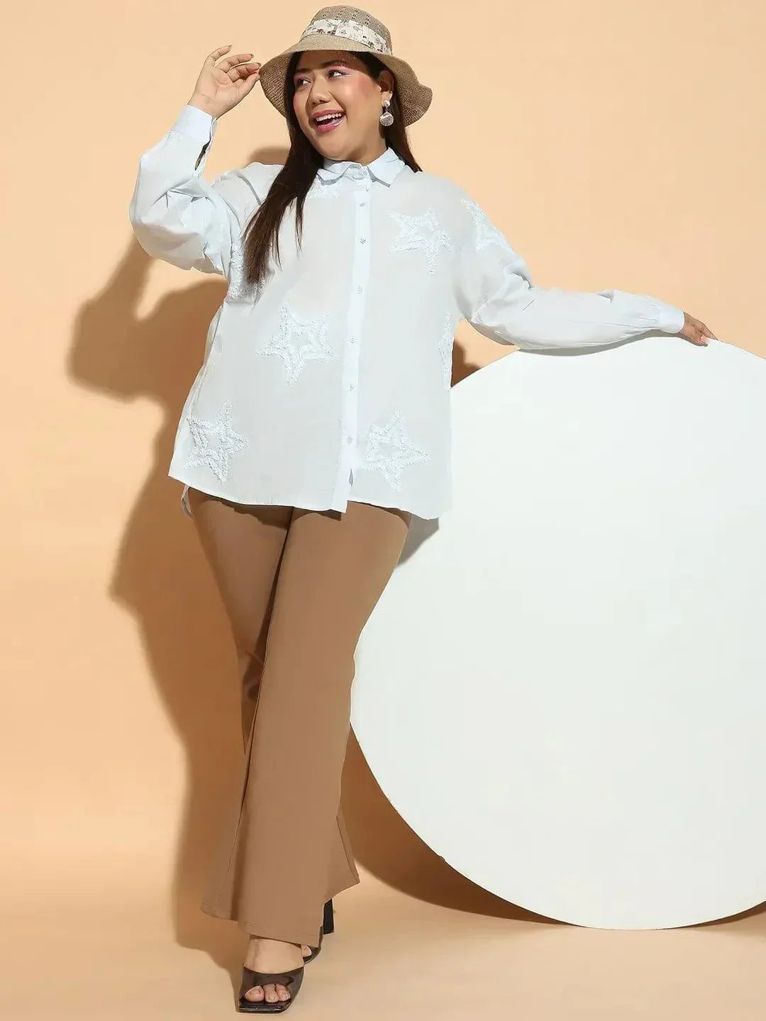 Plus size light blue embroidered collared long sleeve cotton shirt, photo 7