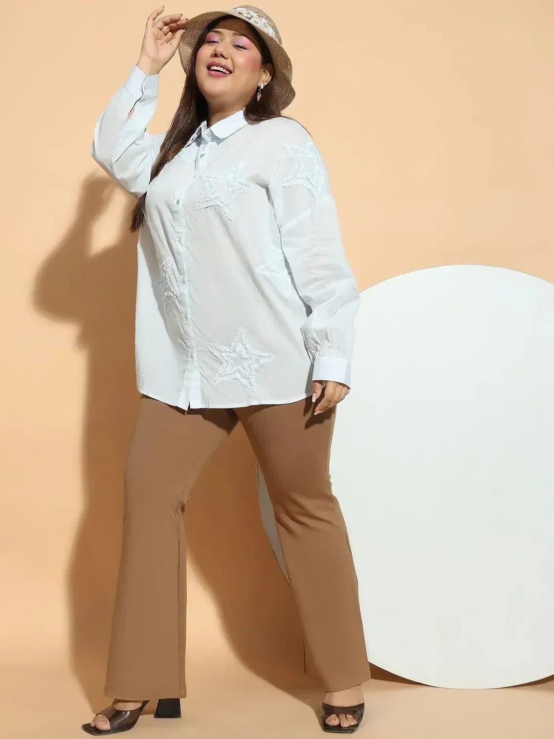Plus size light blue embroidered collared long sleeve cotton shirt, photo 8
