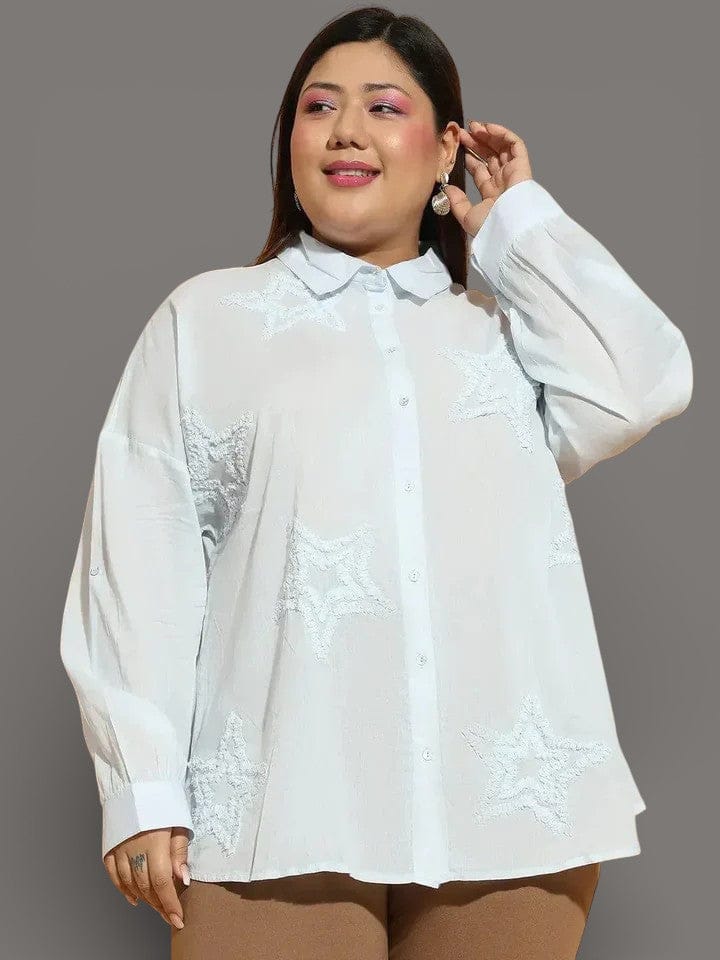 Plus size light blue embroidered collared long sleeve cotton shirt