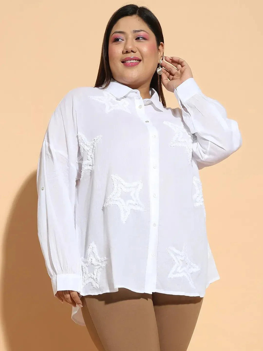 Plus size white embroidered collared long sleeve cotton shirt