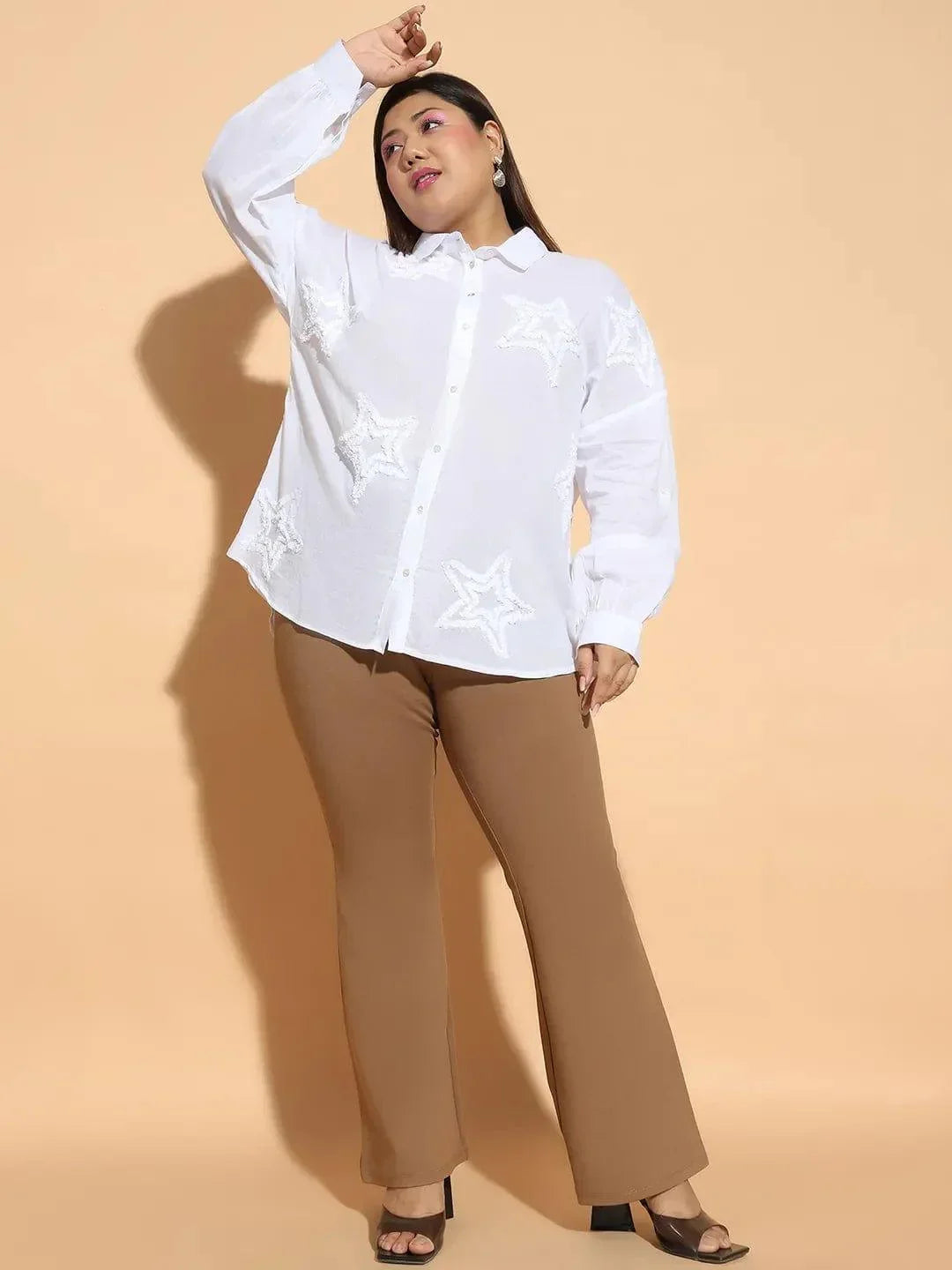 Plus size white embroidered collared long sleeve cotton shirt, photo 2