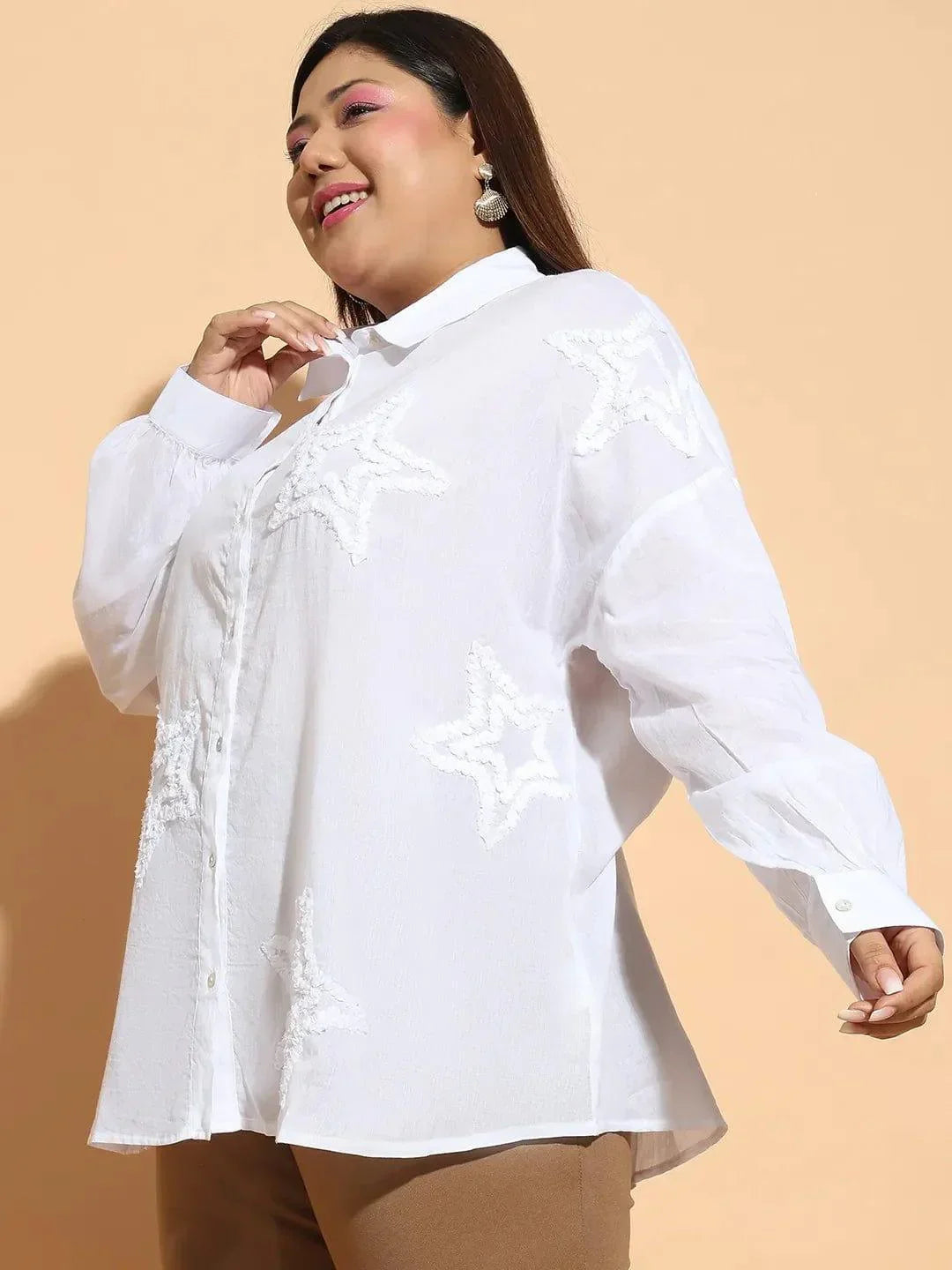 Plus size white embroidered collared long sleeve cotton shirt, photo 3