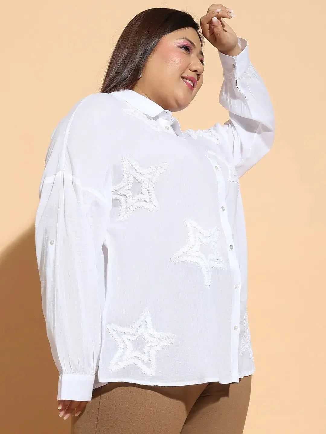 Plus size white embroidered collared long sleeve cotton shirt, photo 4
