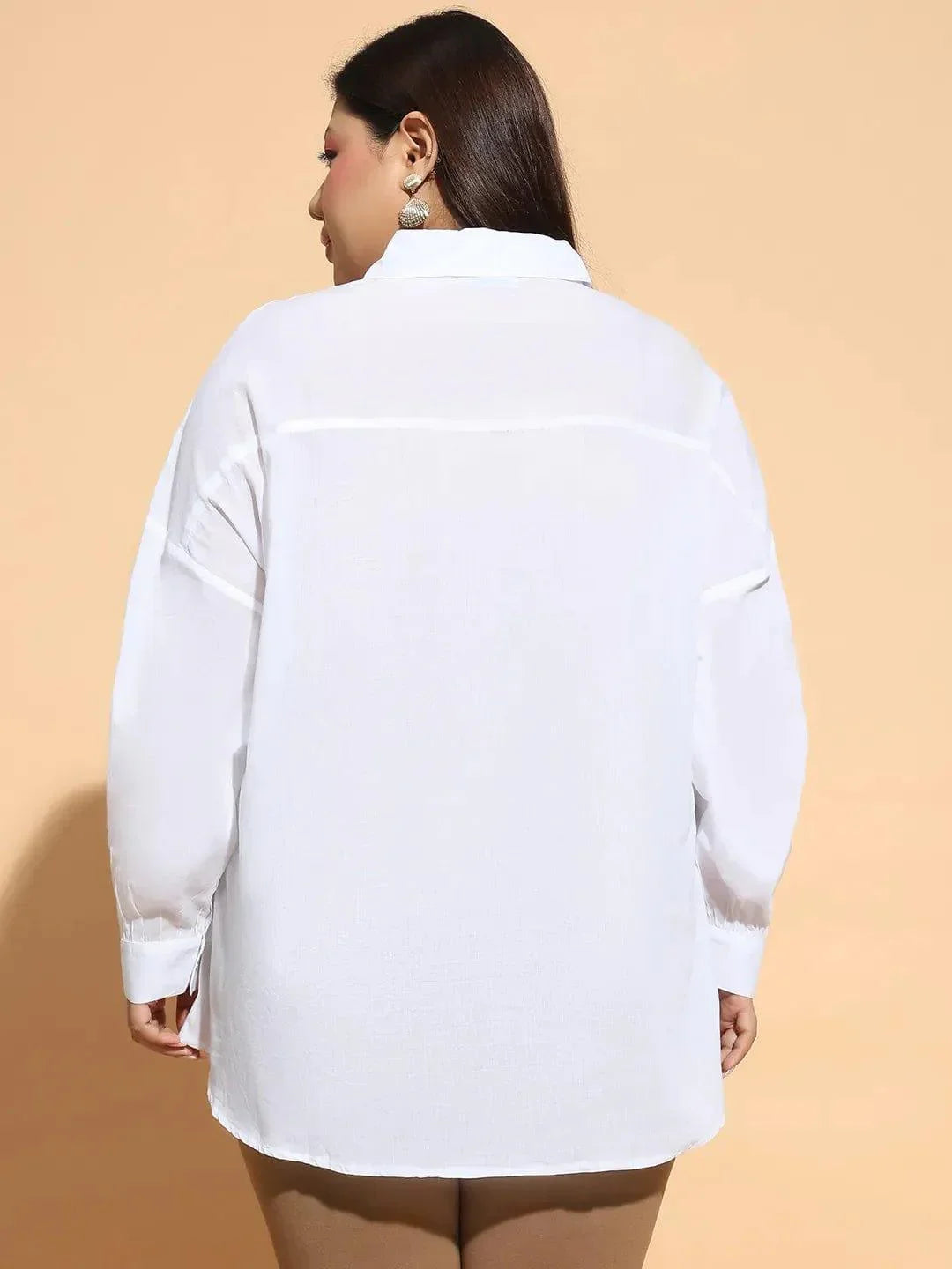 Plus size white embroidered collared long sleeve cotton shirt, photo 5
