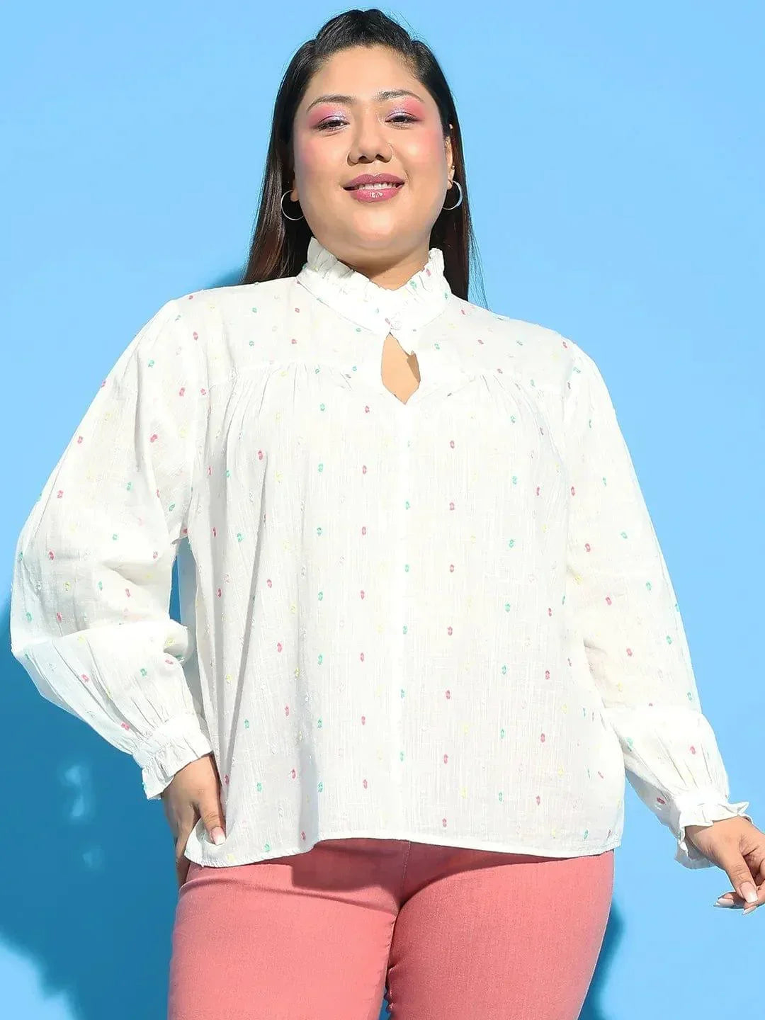 Plus size white dobby cotton top with button keyhole neck