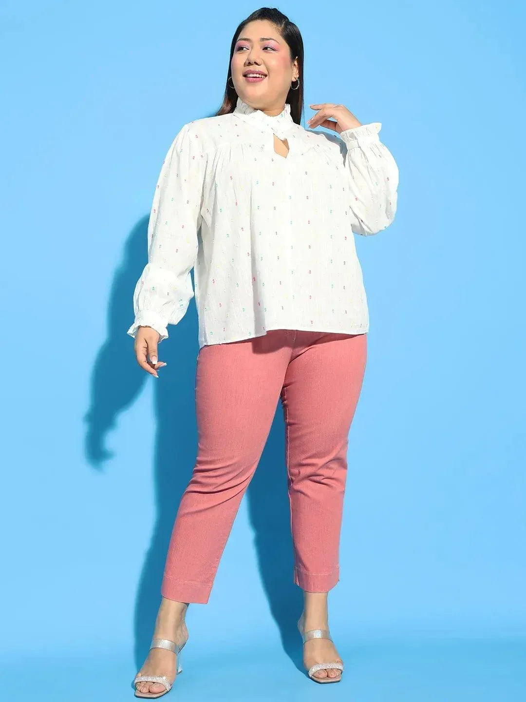 Plus size white dobby cotton top with button keyhole neck, photo 2