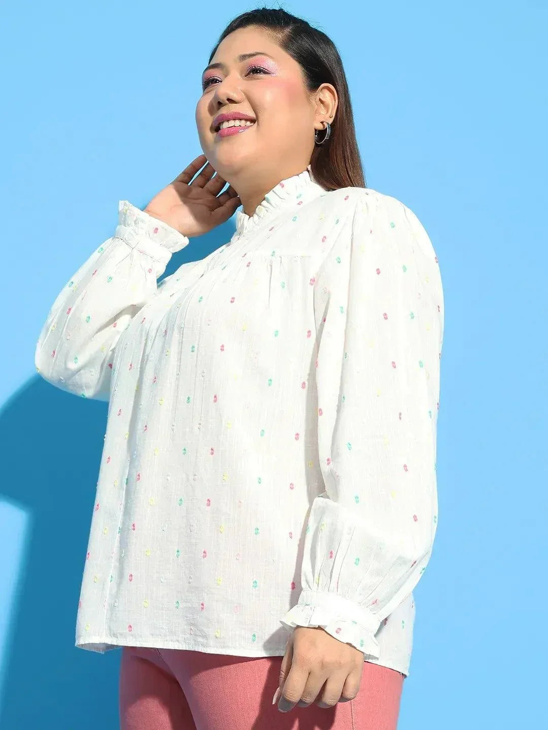 Plus size white dobby cotton top with button keyhole neck, photo 3
