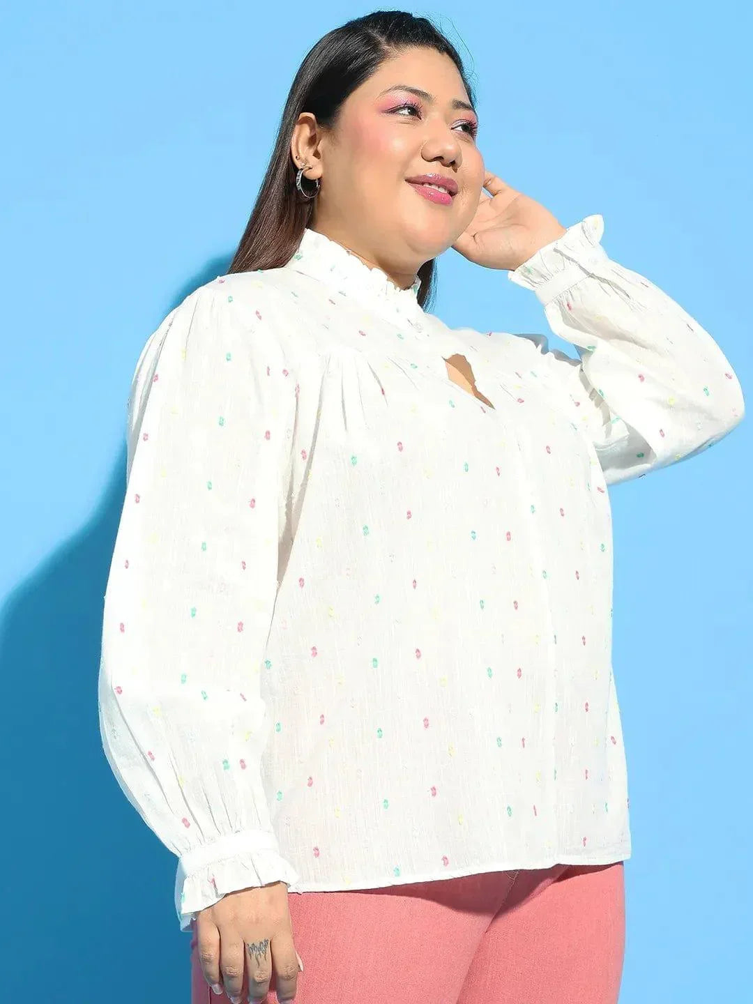 Plus size white dobby cotton top with button keyhole neck, photo 4