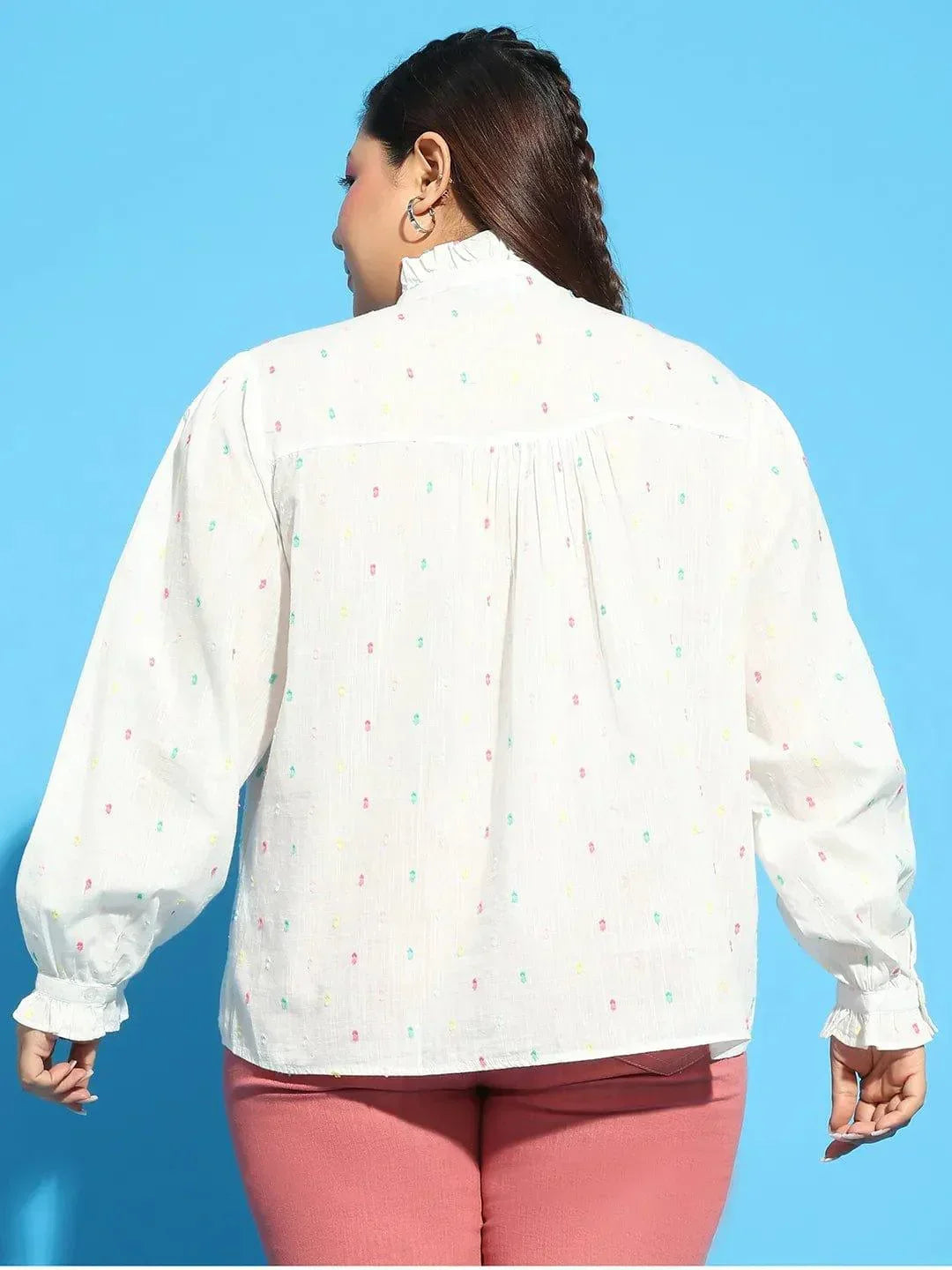 Plus size white dobby cotton top with button keyhole neck, photo 5