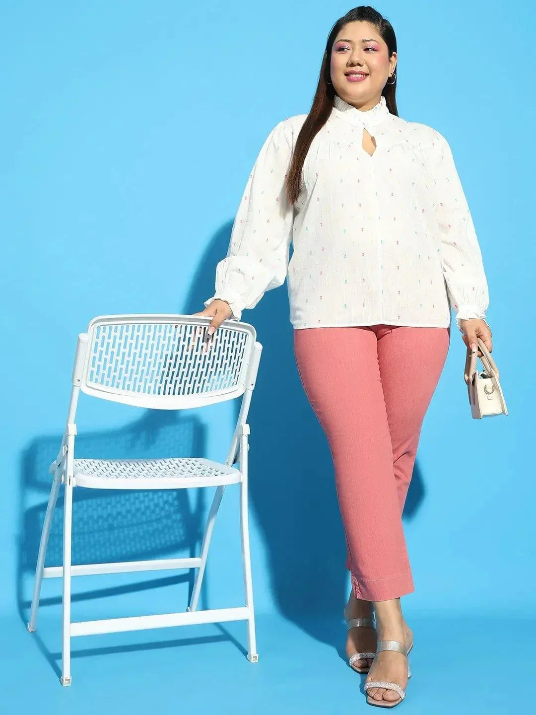 Plus size white dobby cotton top with button keyhole neck, photo 7