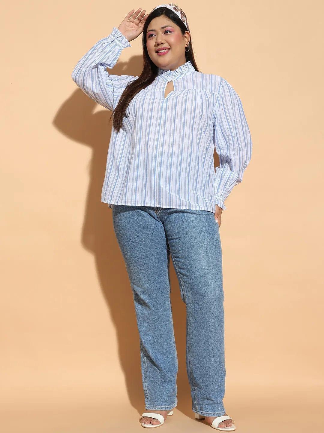 Blue Stripe Print Round Neck With Button & Keyhole Dobby Meld Plus Size Cotton Loopy Top - oxolloxo