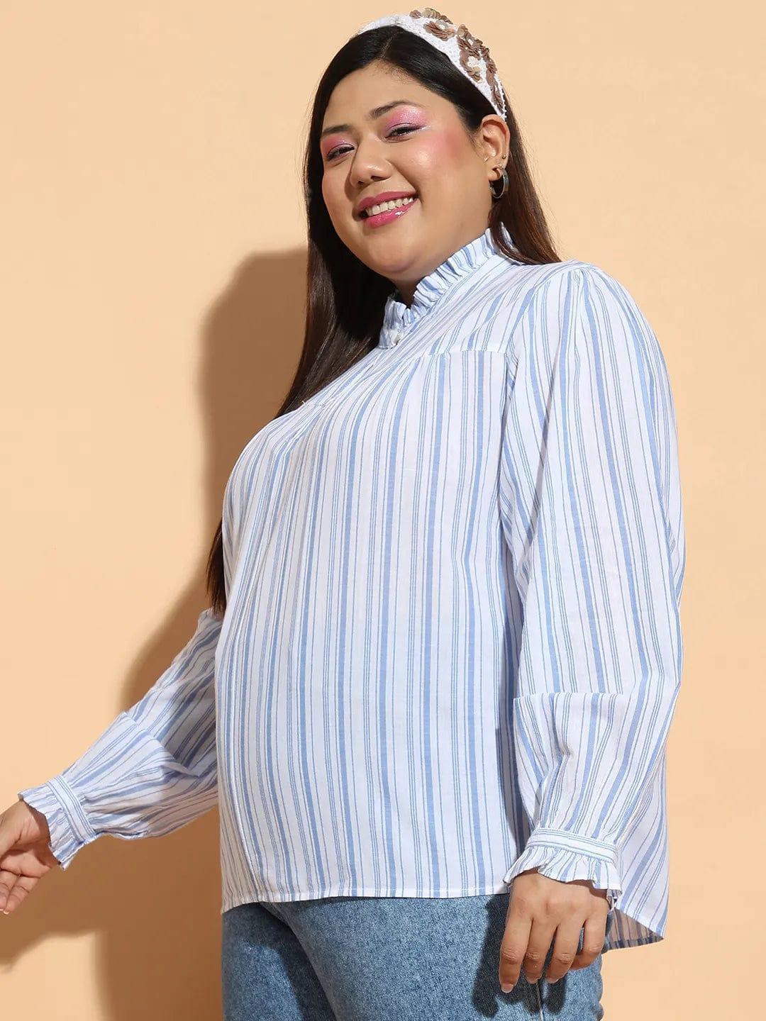 Blue Stripe Print Round Neck With Button & Keyhole Dobby Meld Plus Size Cotton Loopy Top - oxolloxo