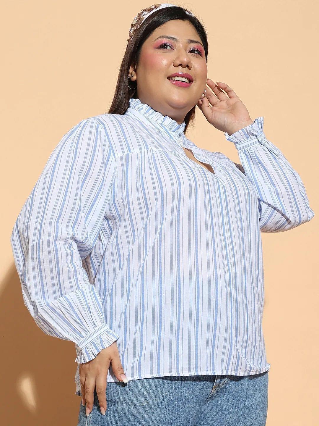 Blue Stripe Print Round Neck With Button & Keyhole Dobby Meld Plus Size Cotton Loopy Top - oxolloxo