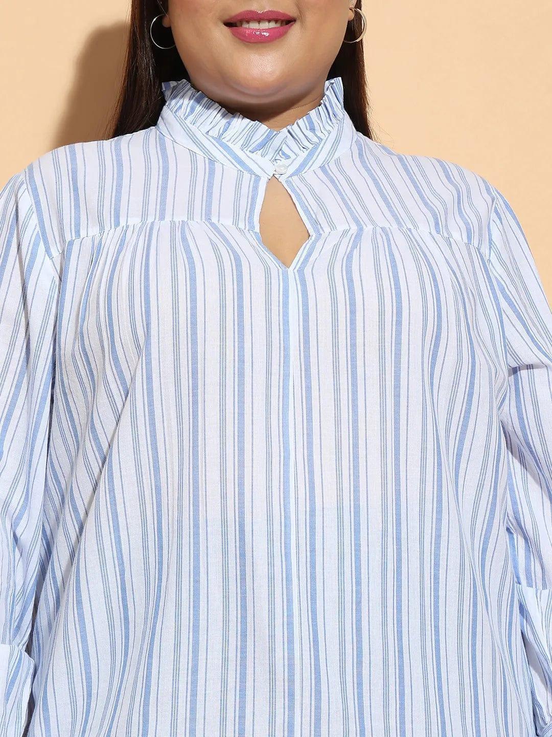 Blue Stripe Print Round Neck With Button & Keyhole Dobby Meld Plus Size Cotton Loopy Top - oxolloxo