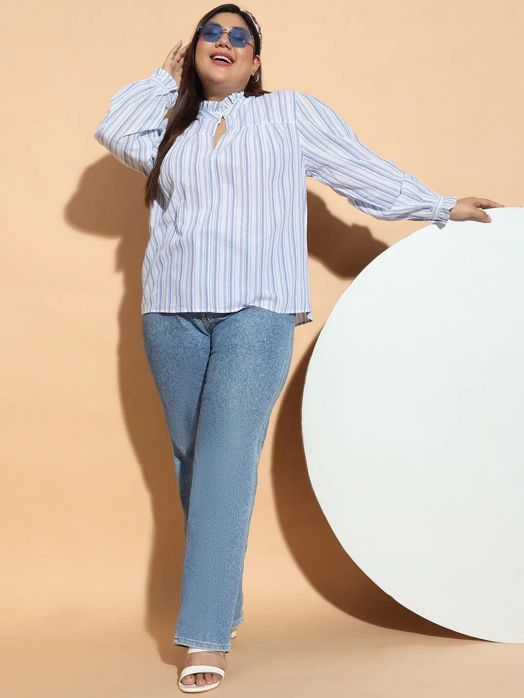 Blue Stripe Print Round Neck With Button & Keyhole Dobby Meld Plus Size Cotton Loopy Top - oxolloxo