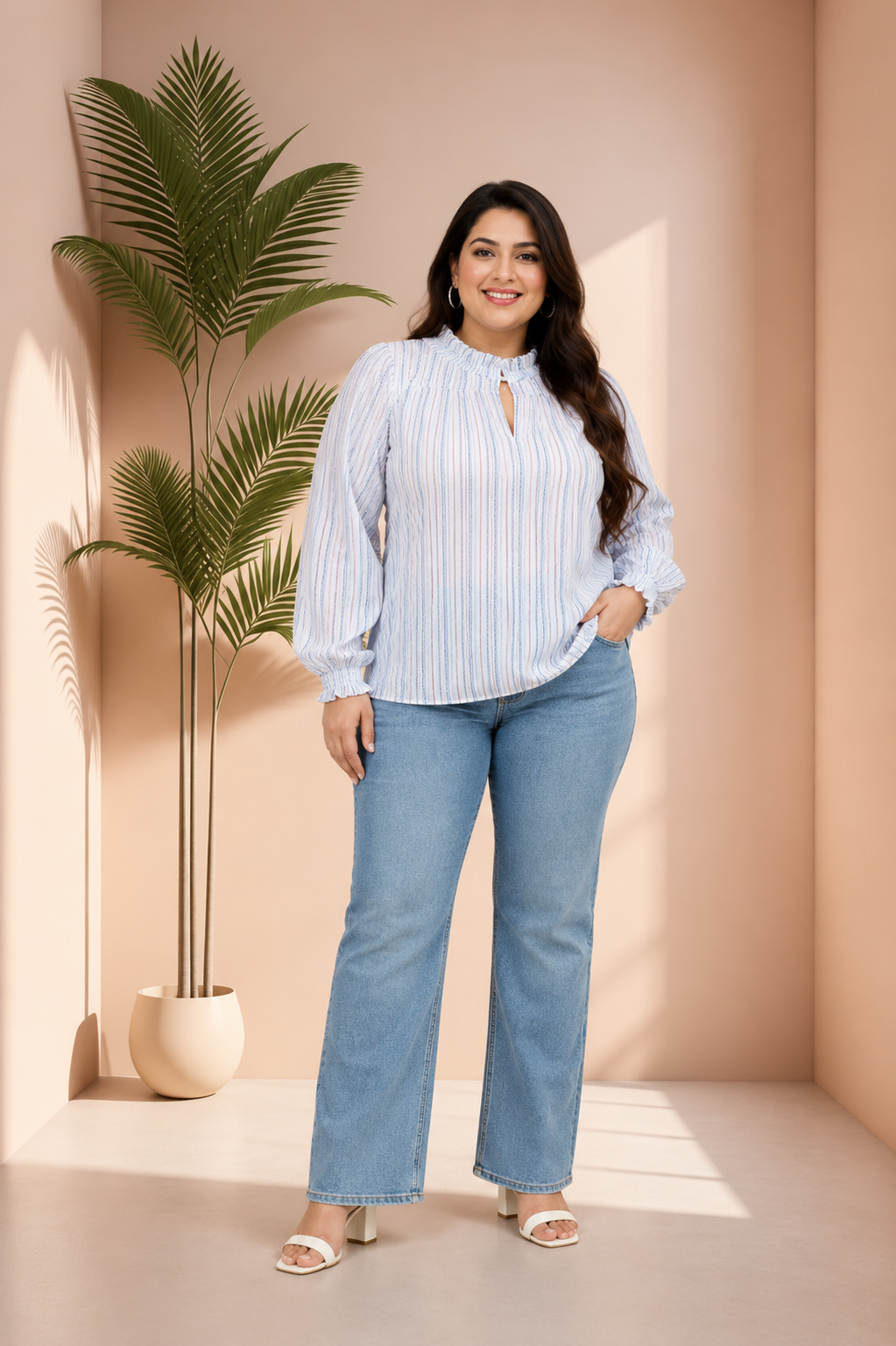 Plus Size Blue Stripe Print Cotton Top