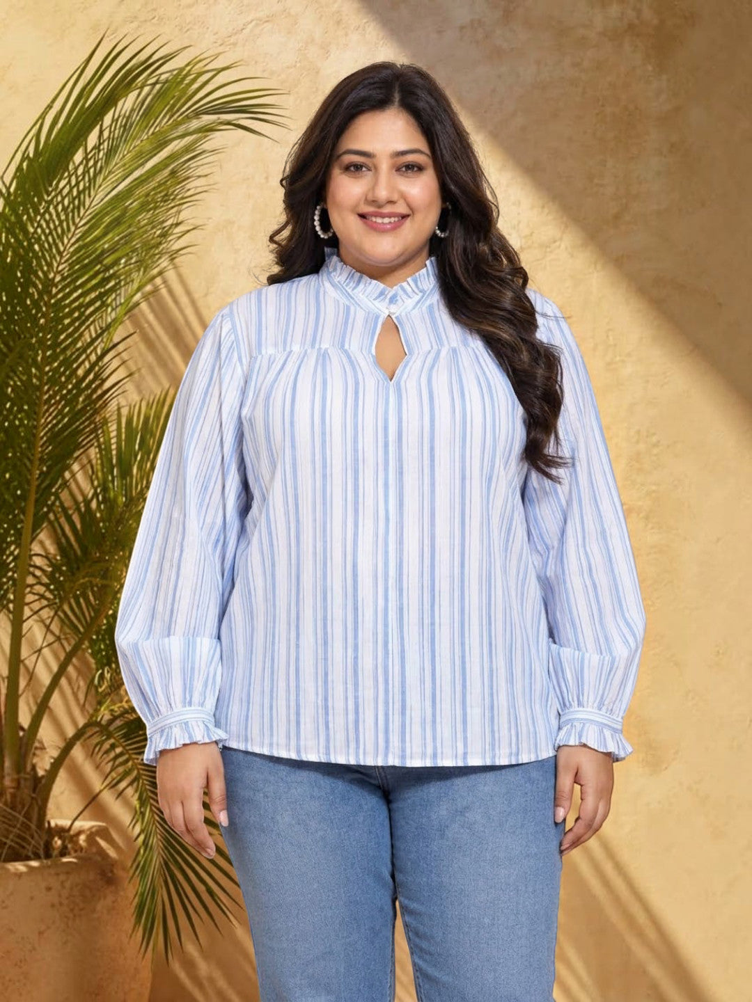 Plus Size Blue Stripe Print Cotton Top