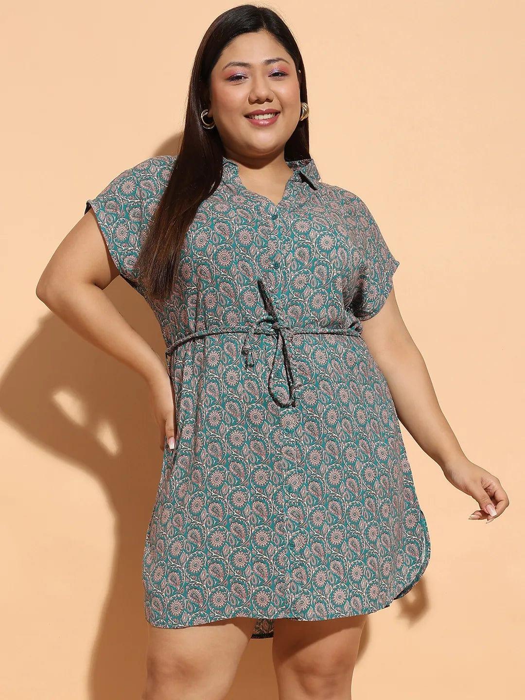 Upcoming Green Floral Print Collared Belted Button Down Plus Size Curvy Dress - oxolloxo