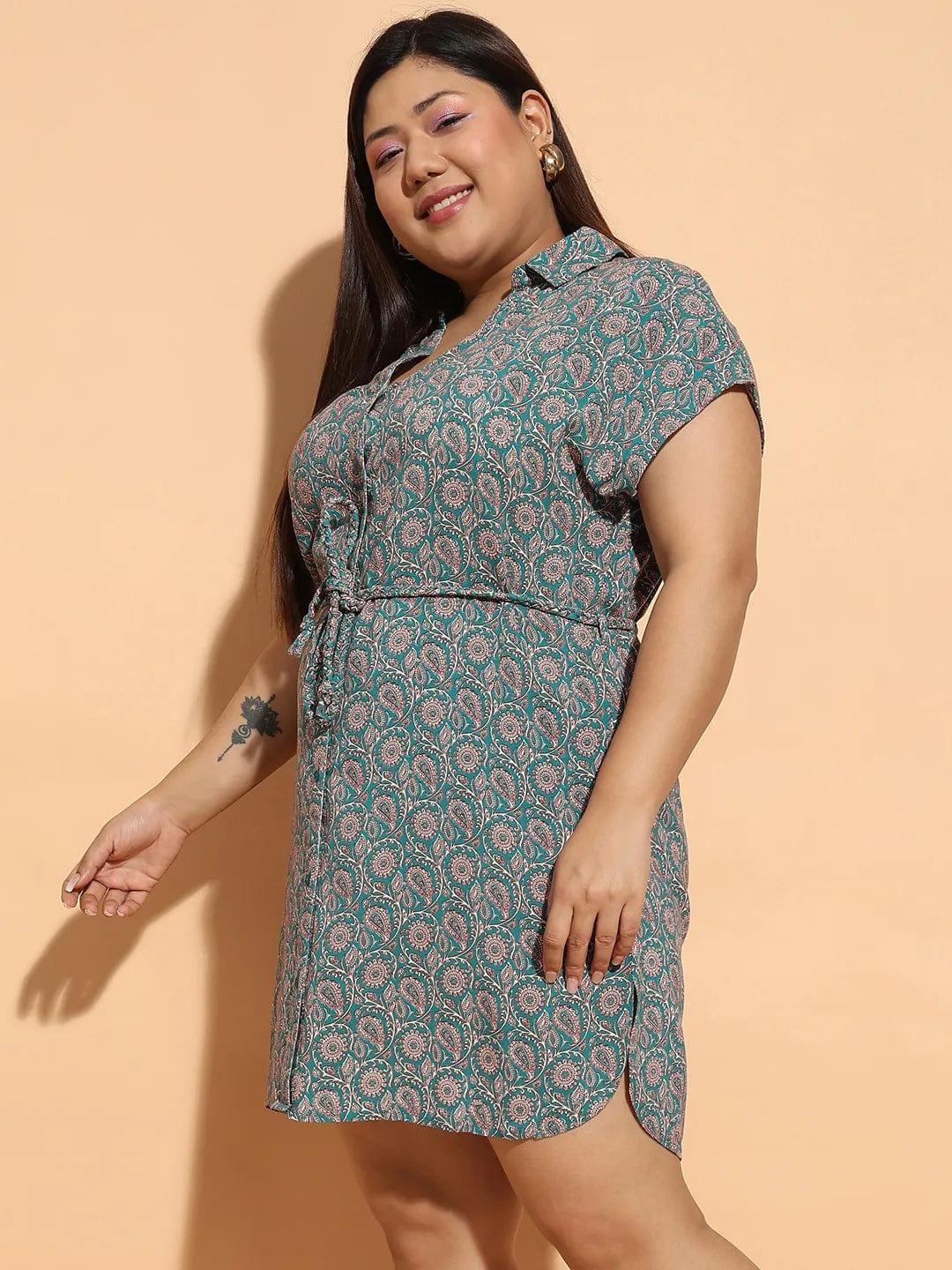 Upcoming Green Floral Print Collared Belted Button Down Plus Size Curvy Dress - oxolloxo