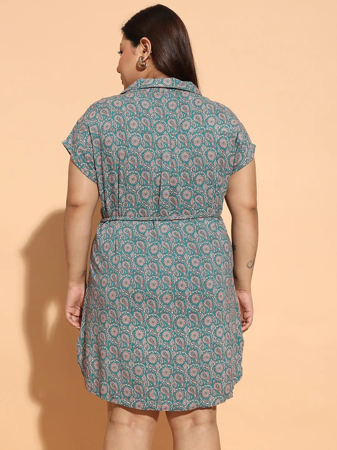 Upcoming Green Floral Print Collared Belted Button Down Plus Size Curvy Dress - oxolloxo