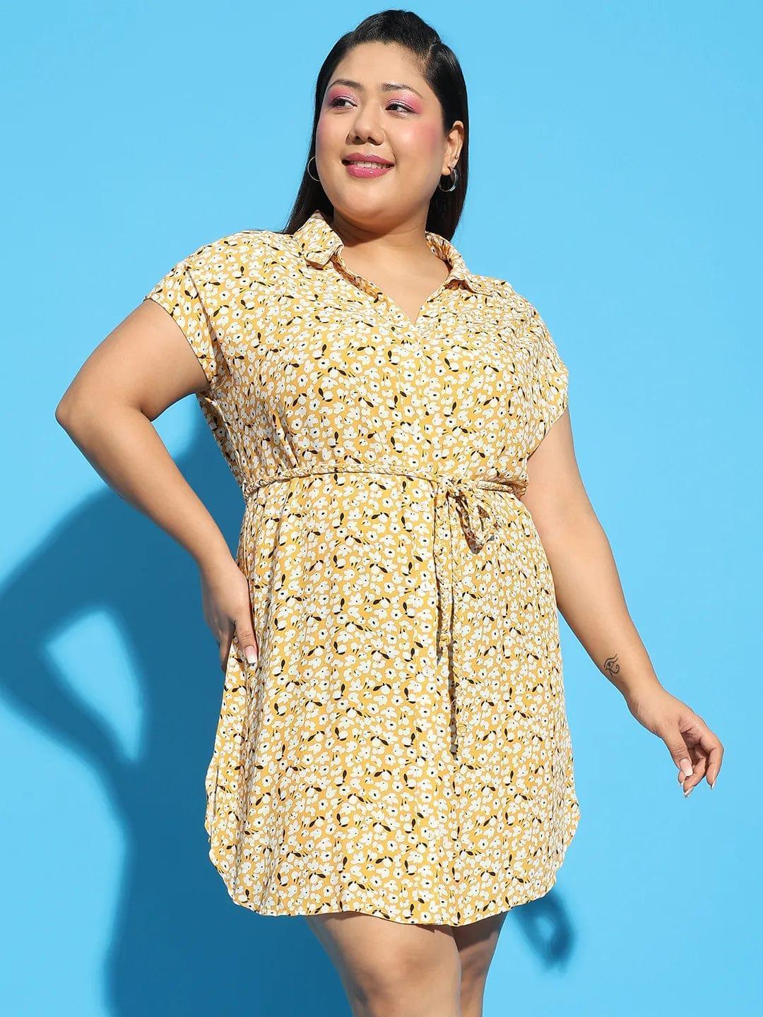 Forever Yellow Floral Print Collared Belted Button Down Plus Size Curvy Dress - oxolloxo