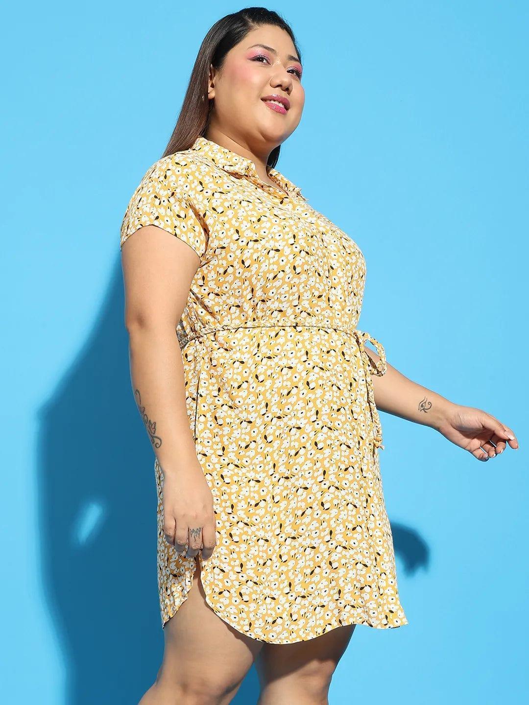 Forever Yellow Floral Print Collared Belted Button Down Plus Size Curvy Dress - oxolloxo