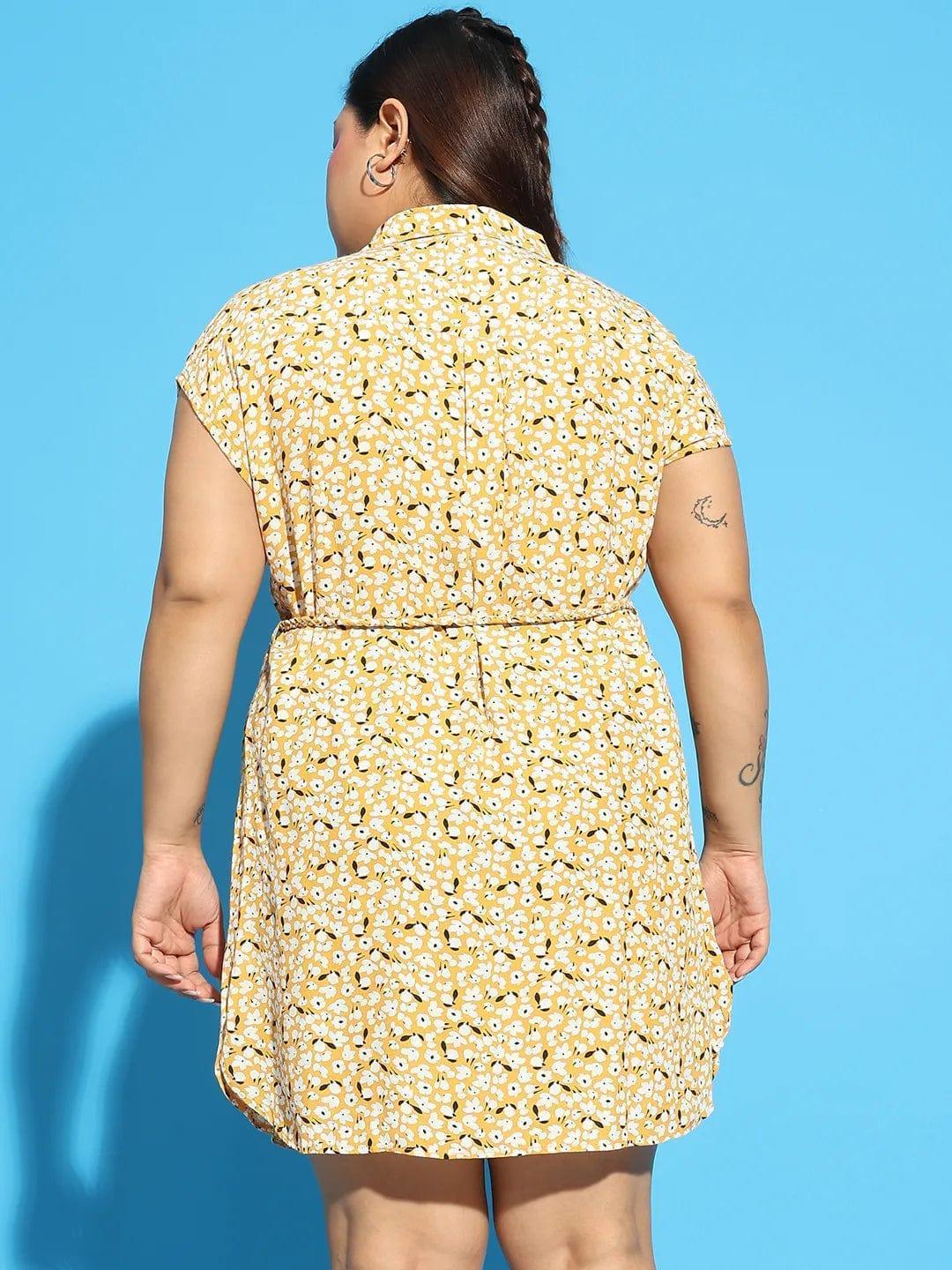 Forever Yellow Floral Print Collared Belted Button Down Plus Size Curvy Dress - oxolloxo