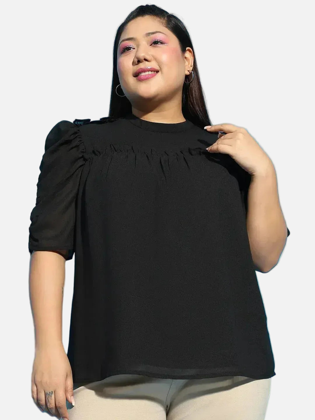 Wagger Black Short Sleeve With Gather Pleates Ruffle Detail Plus Size Women Loopy Top - oxolloxo