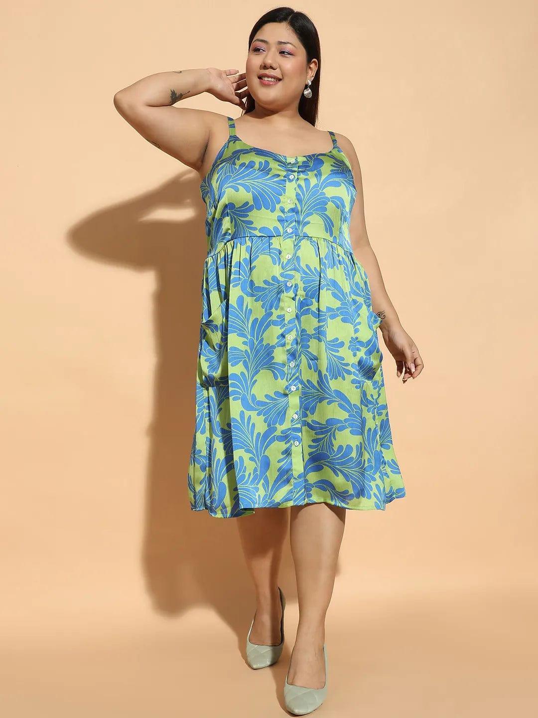 Aura Green Floral Print Button Down Knee Length Plus Size Curvy Women Dress - oxolloxo