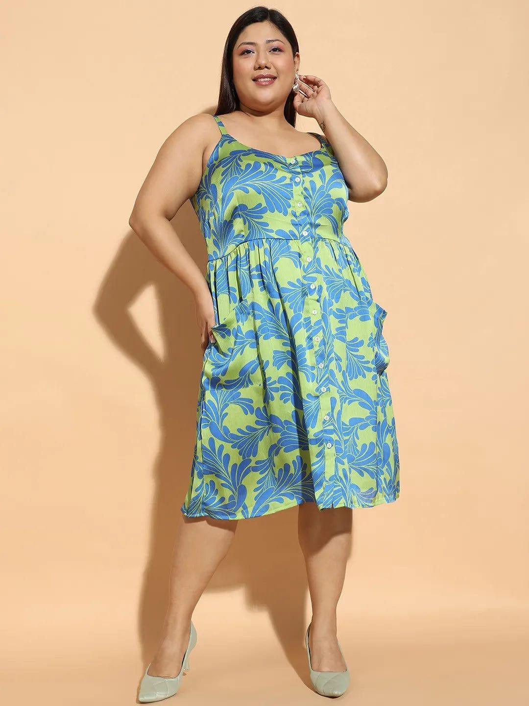Aura Green Floral Print Button Down Knee Length Plus Size Curvy Women Dress - oxolloxo