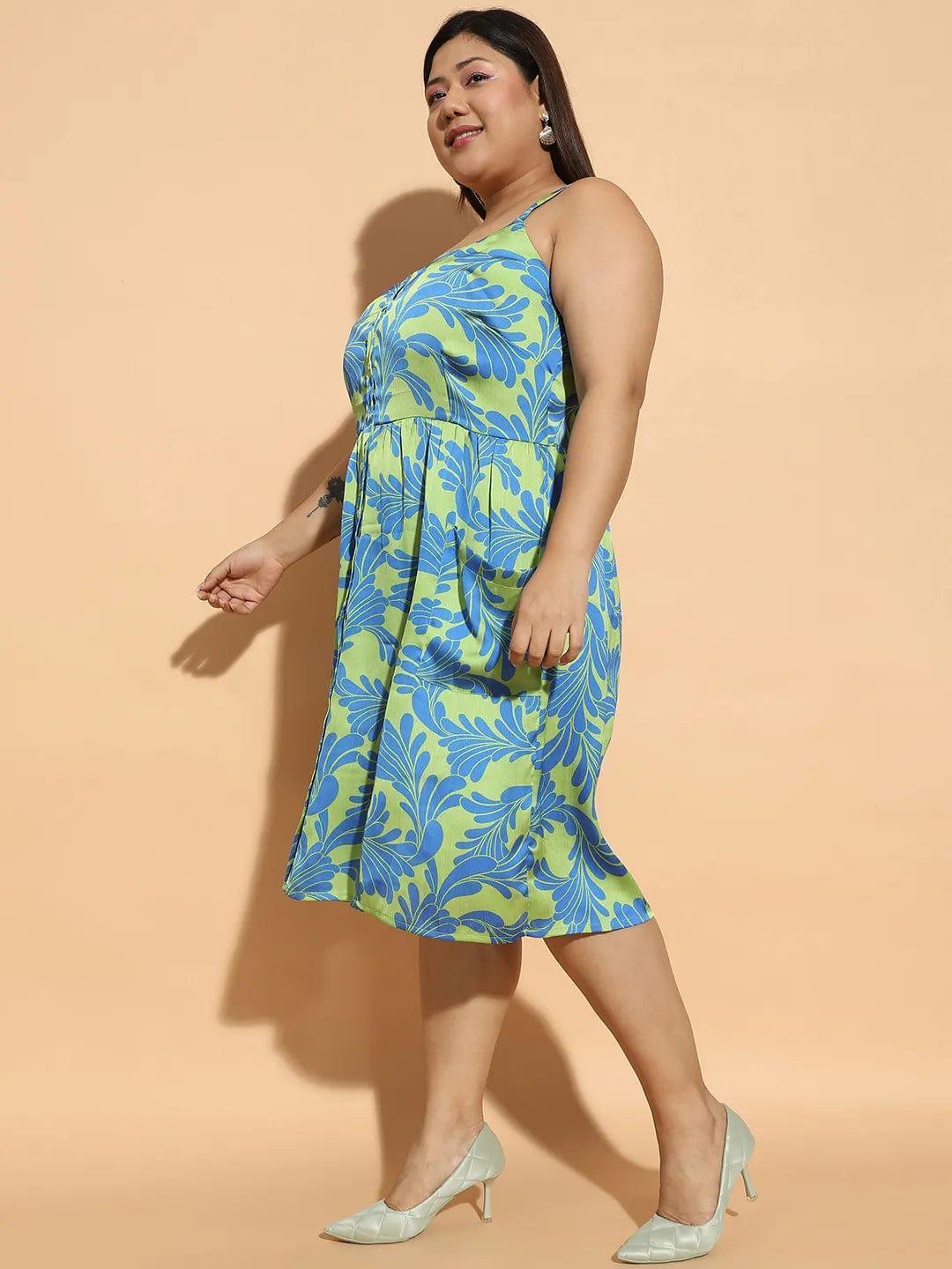 Aura Green Floral Print Button Down Knee Length Plus Size Curvy Women Dress - oxolloxo