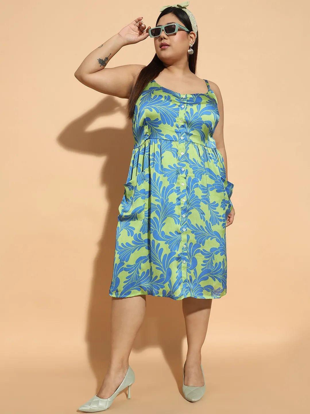 Aura Green Floral Print Button Down Knee Length Plus Size Curvy Women Dress - oxolloxo