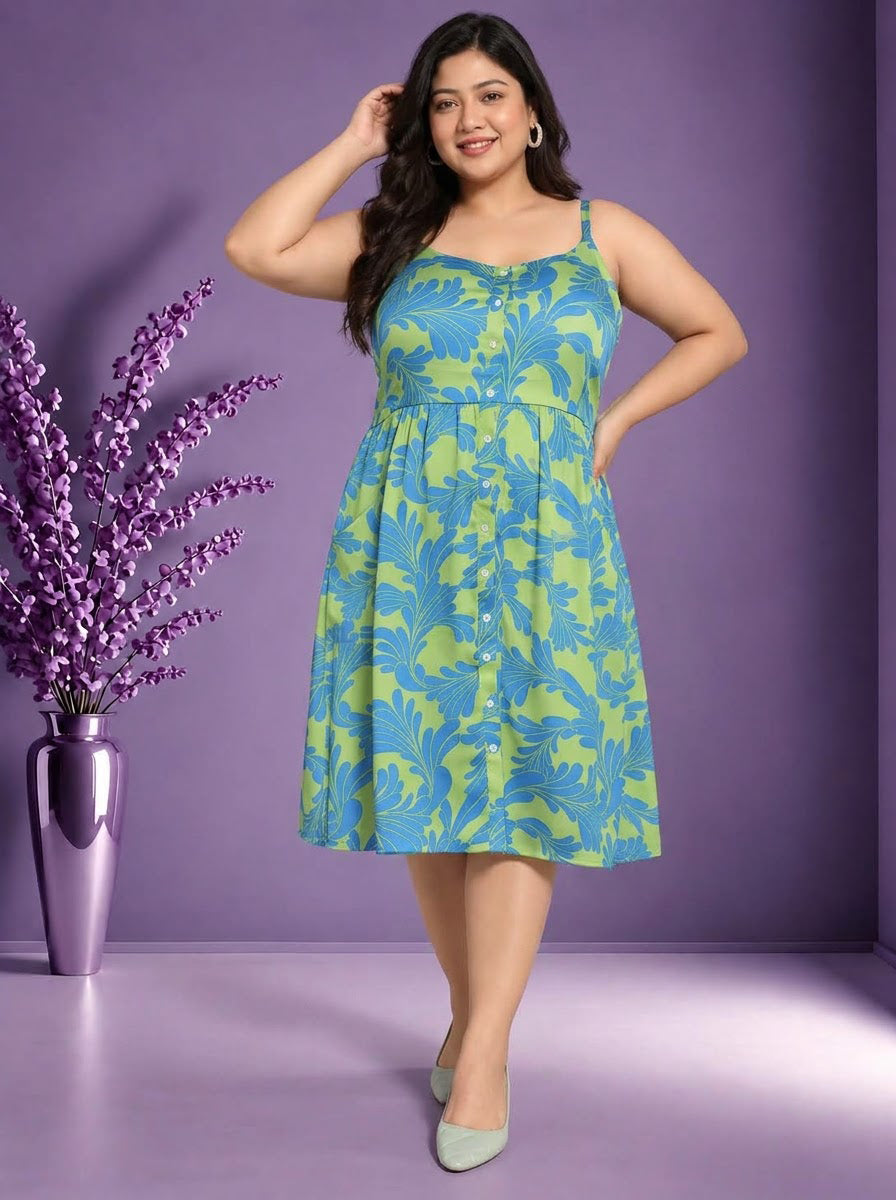 Aura Green Floral Print Plus Size Curvy Women Dress