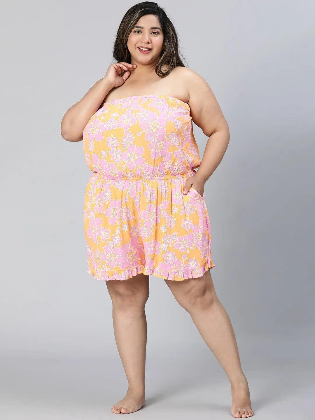 Multicolor Floral Print Off-Shoulder Plus Size Women Playsuit - oxolloxo