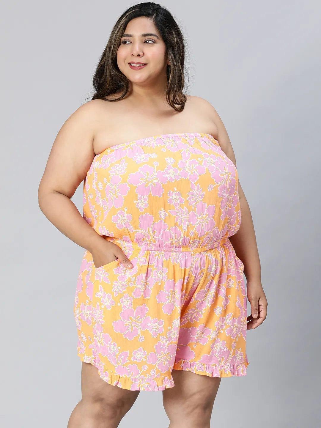 Multicolor Floral Print Off-Shoulder Plus Size Women Playsuit - oxolloxo