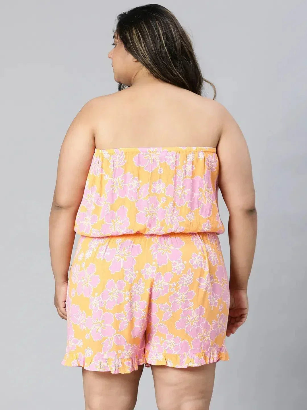 Multicolor Floral Print Off-Shoulder Plus Size Women Playsuit - oxolloxo