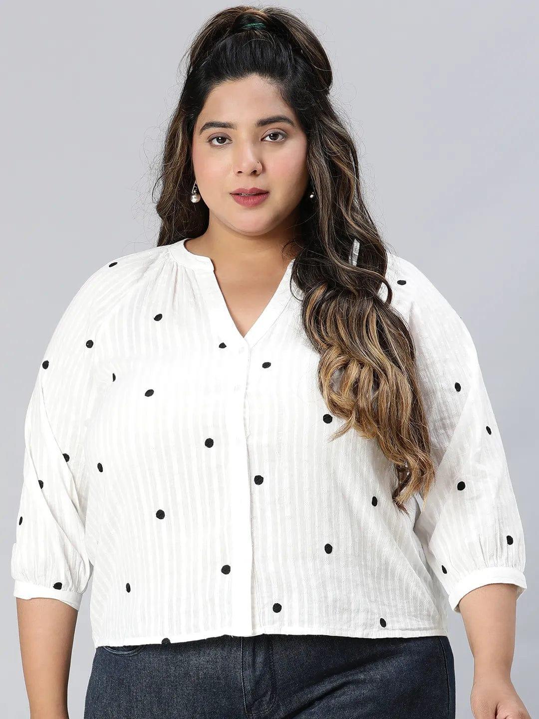 Plus size white dot print organic cotton top for women