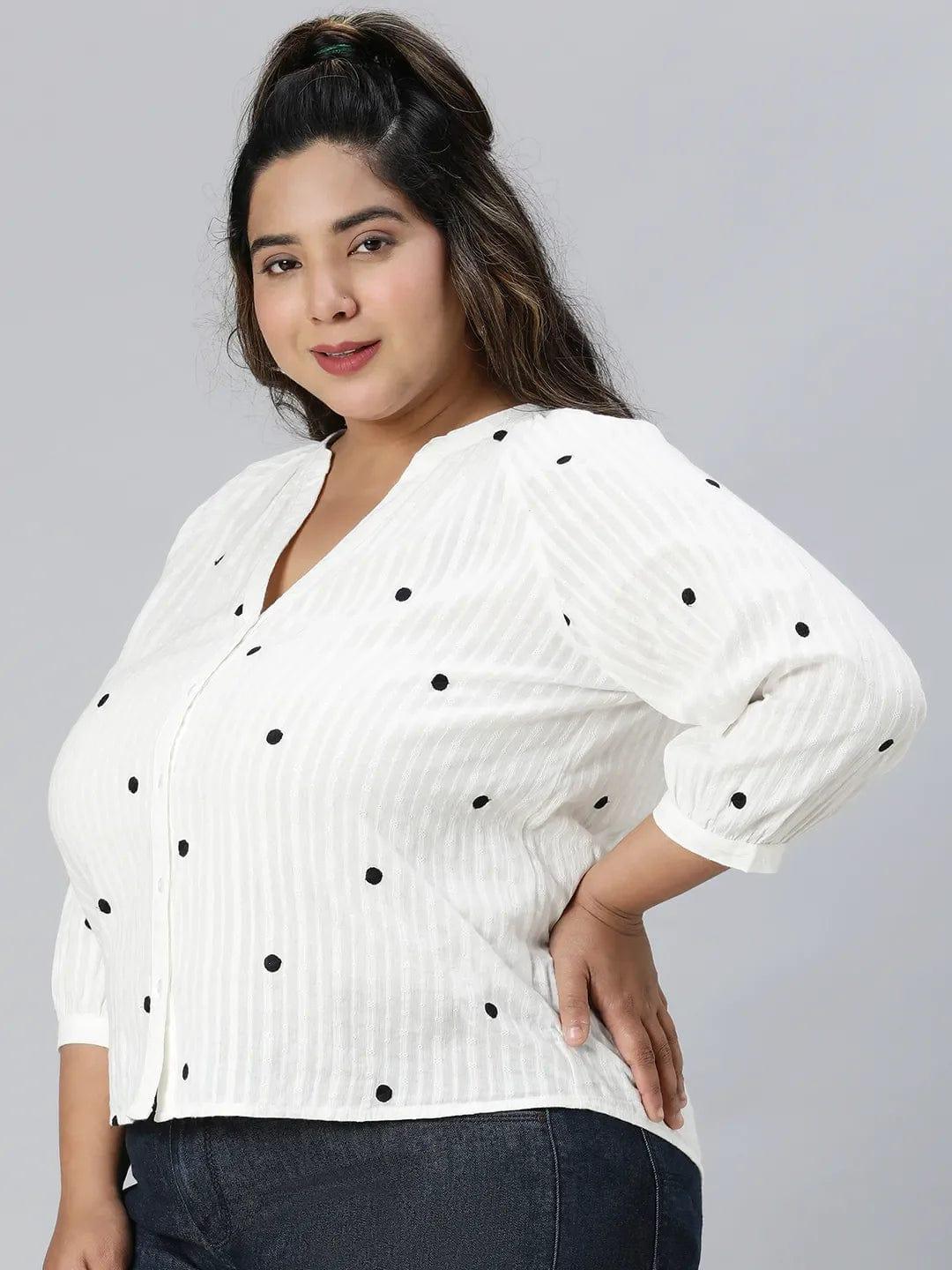 Plus size white dot print organic cotton top for women, photo 3
