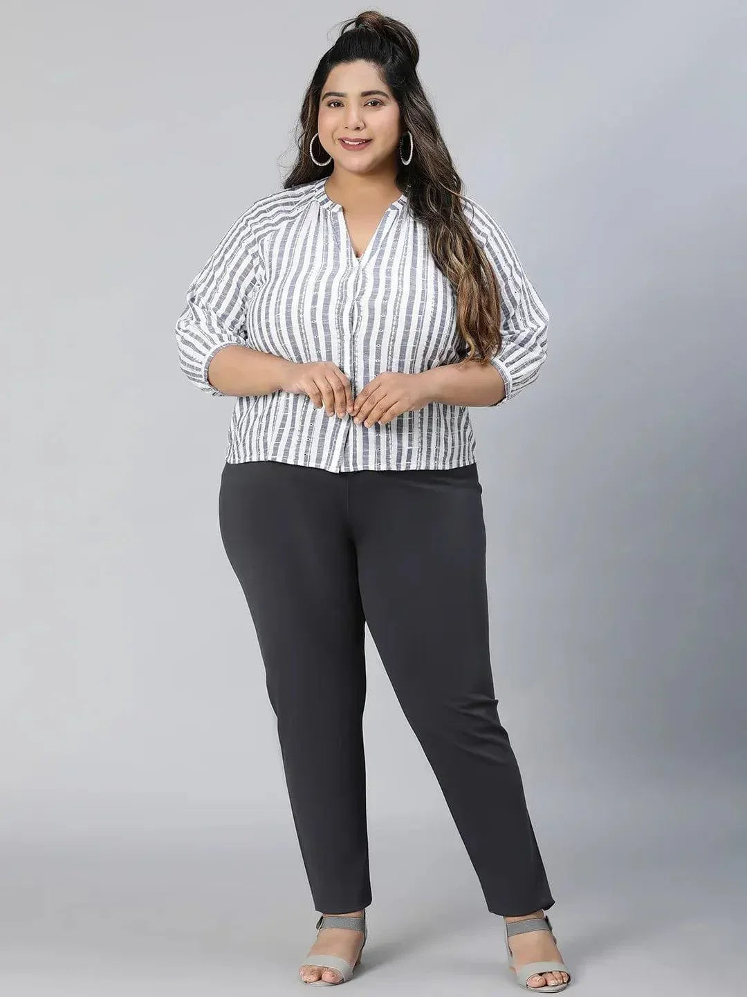 Iconic Blue Stripe Print Plus Size Cotton Loopy Top - oxolloxo