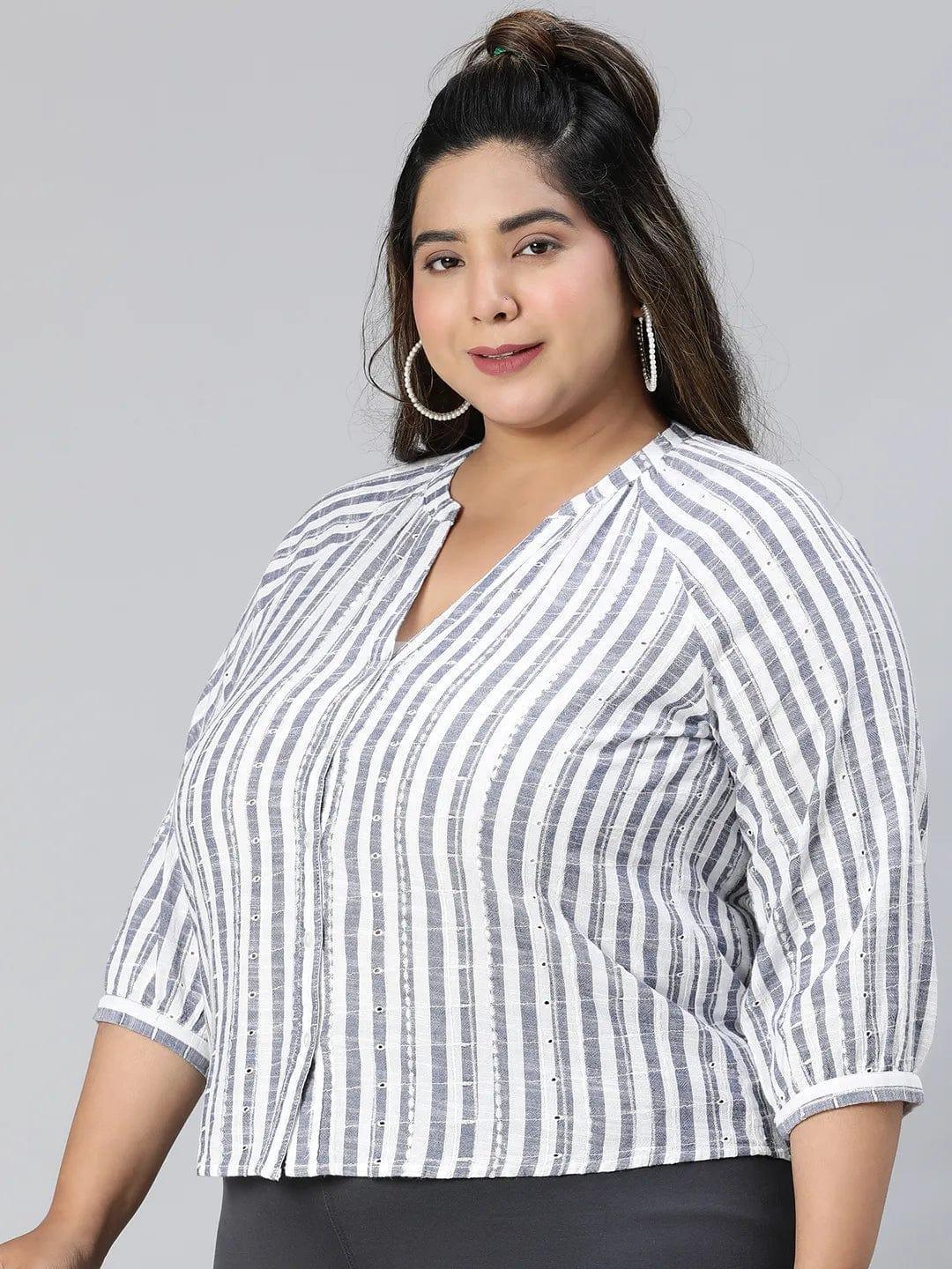 Iconic Blue Stripe Print Plus Size Cotton Loopy Top - oxolloxo