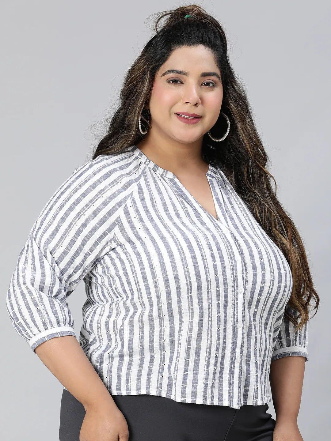 Iconic Blue Stripe Print Plus Size Cotton Loopy Top - oxolloxo