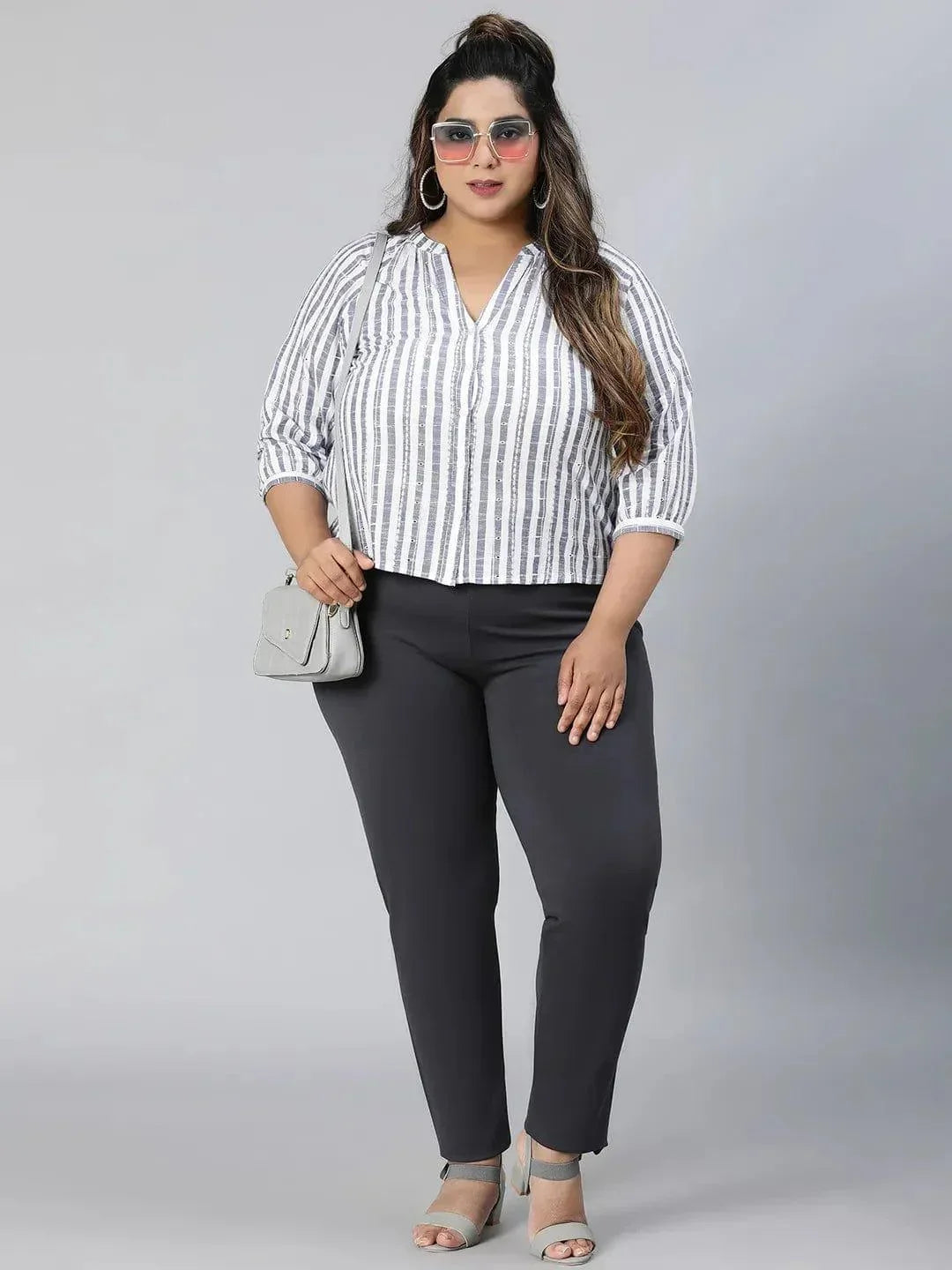 Iconic Blue Stripe Print Plus Size Cotton Loopy Top - oxolloxo