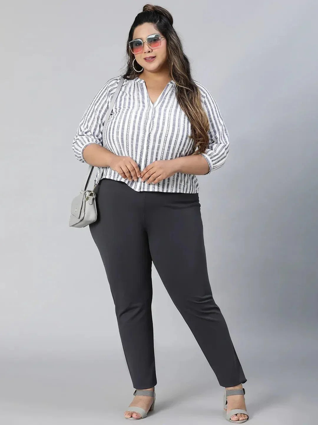 Iconic Blue Stripe Print Plus Size Cotton Loopy Top - oxolloxo