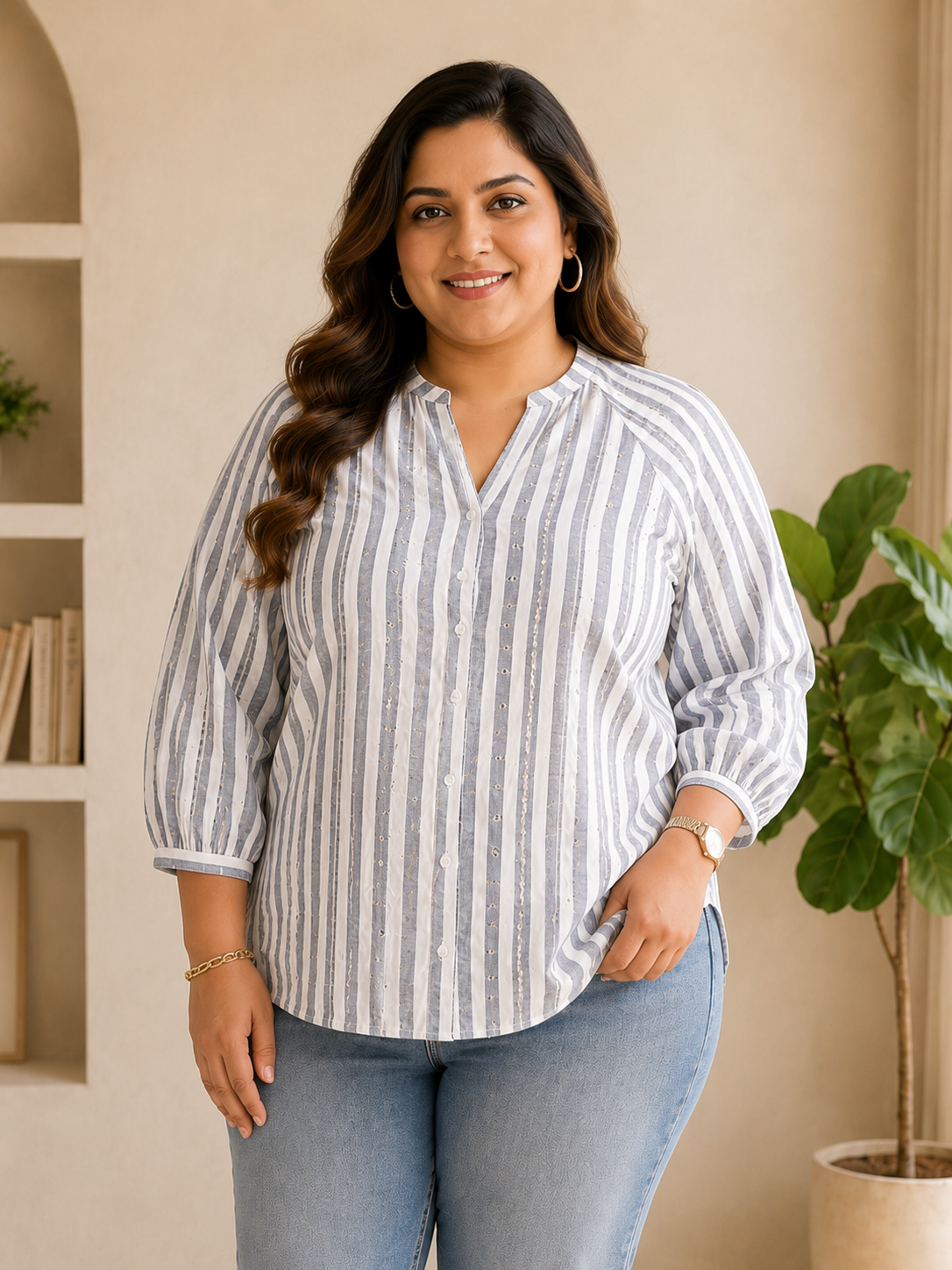 Plus Size Blue Stripe Print Cotton Top