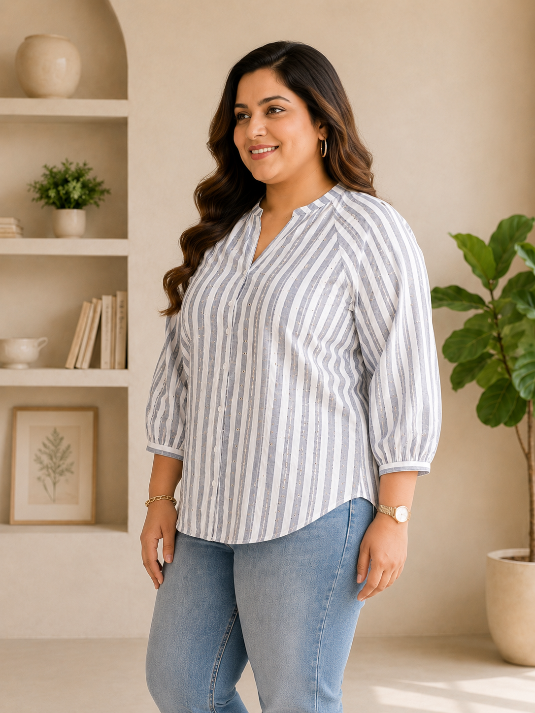 Plus Size Blue Stripe Print Cotton Top
