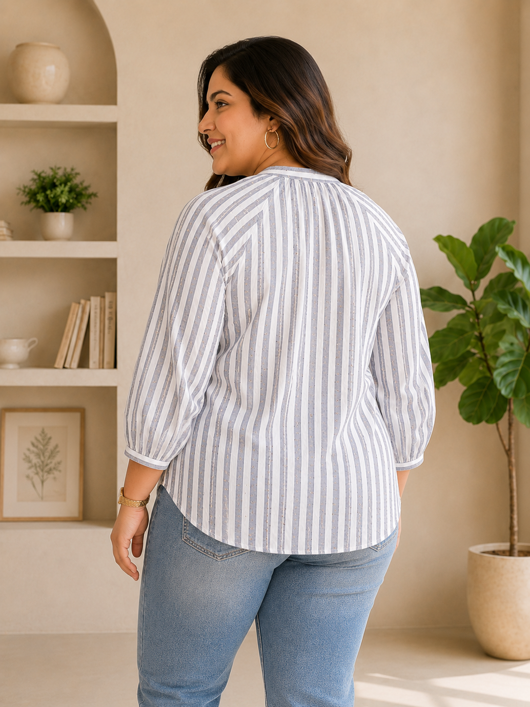 Plus Size Blue Stripe Print Cotton Top
