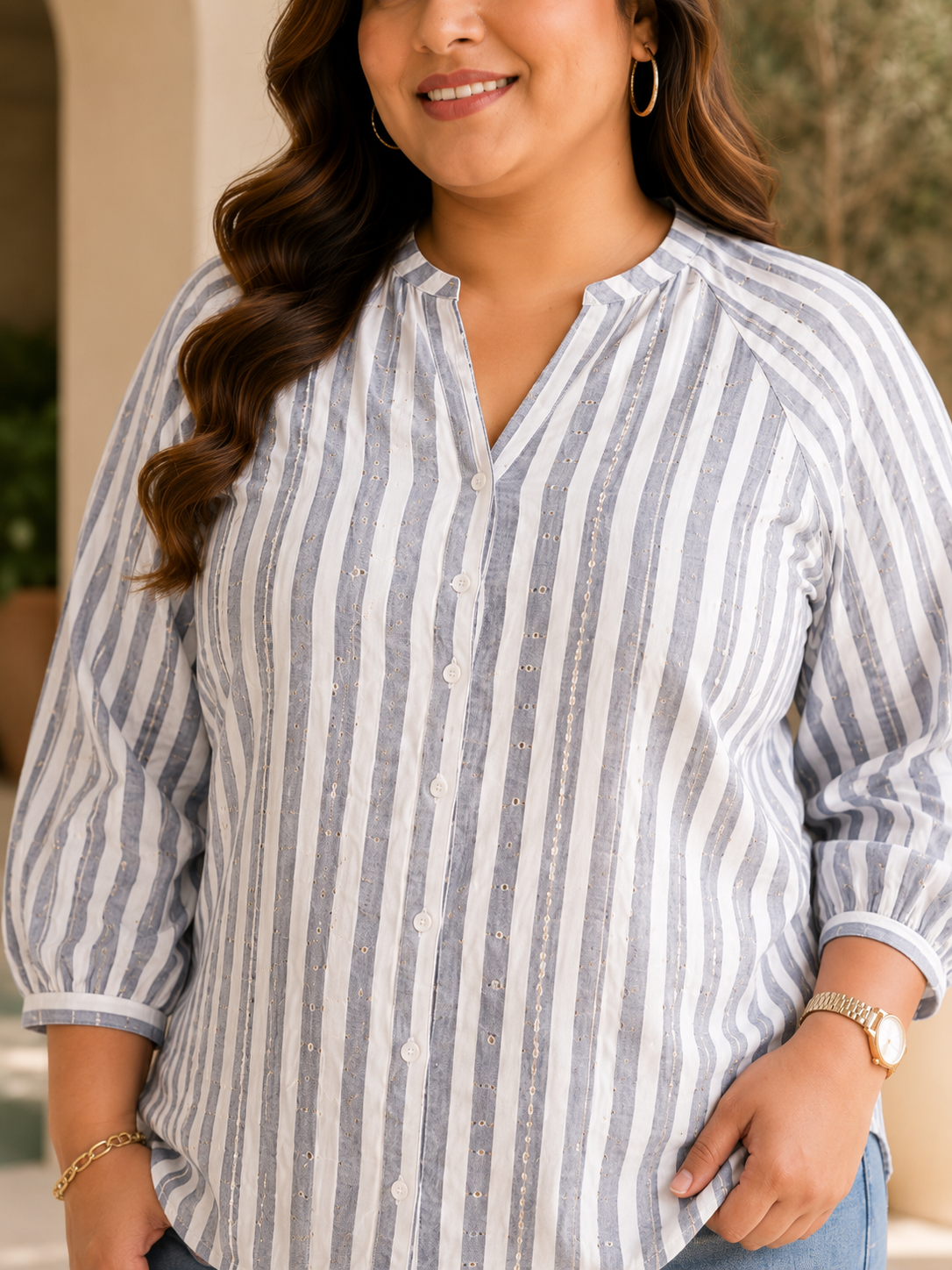 Plus Size Blue Stripe Print Cotton Top