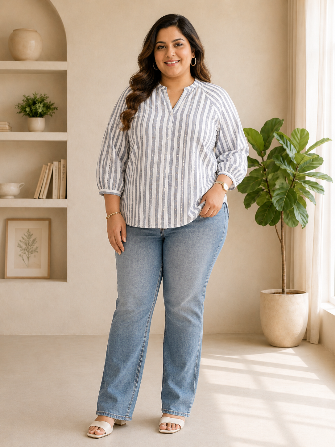 Plus Size Blue Stripe Print Cotton Top